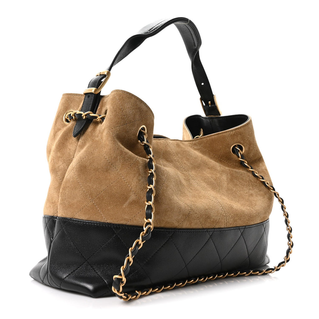 Suede Calfskin Shiny Lambskin Quilted Small Coco Base Shopping Bag Beige Black