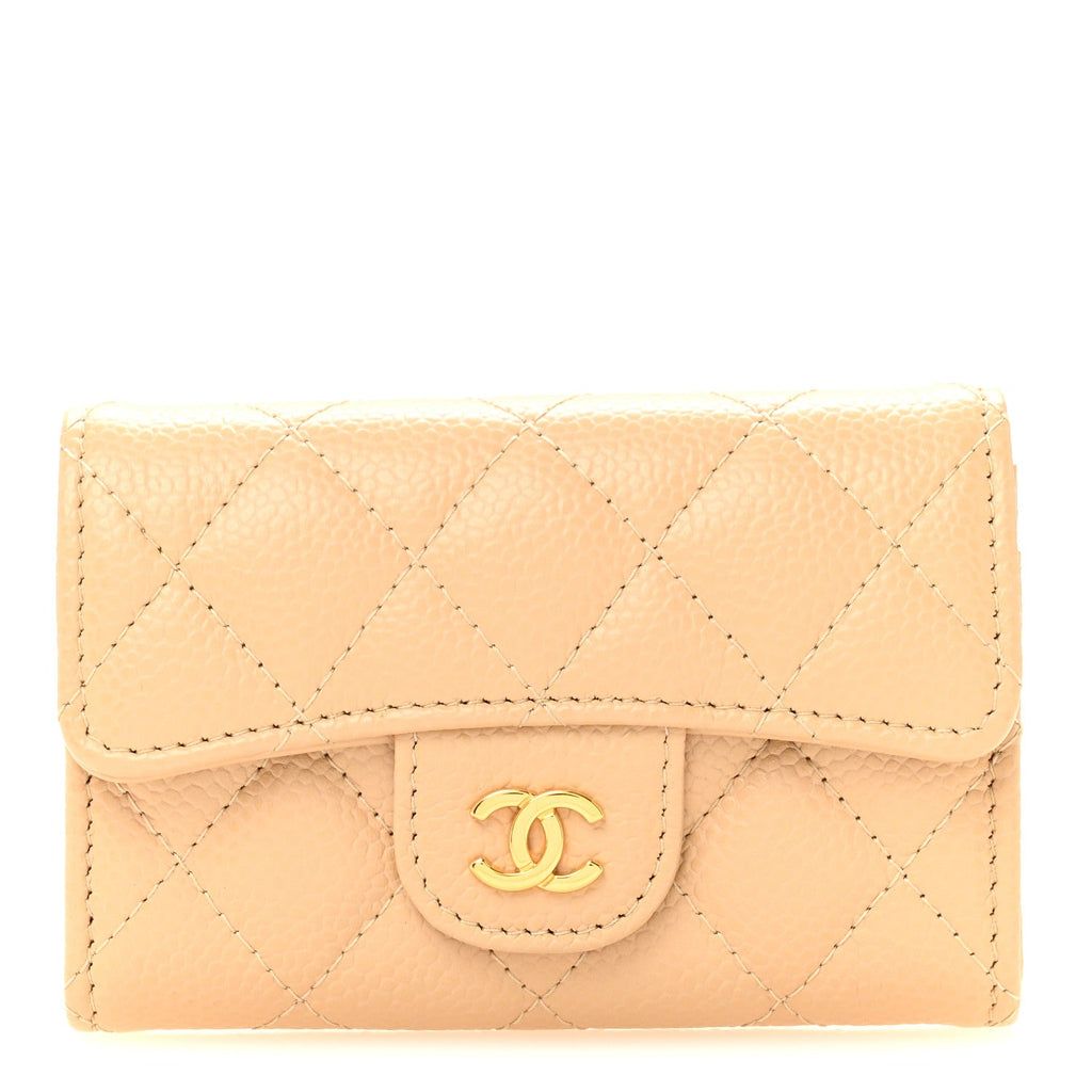 Caviar Quilted Flap Card Holder Wallet Beige