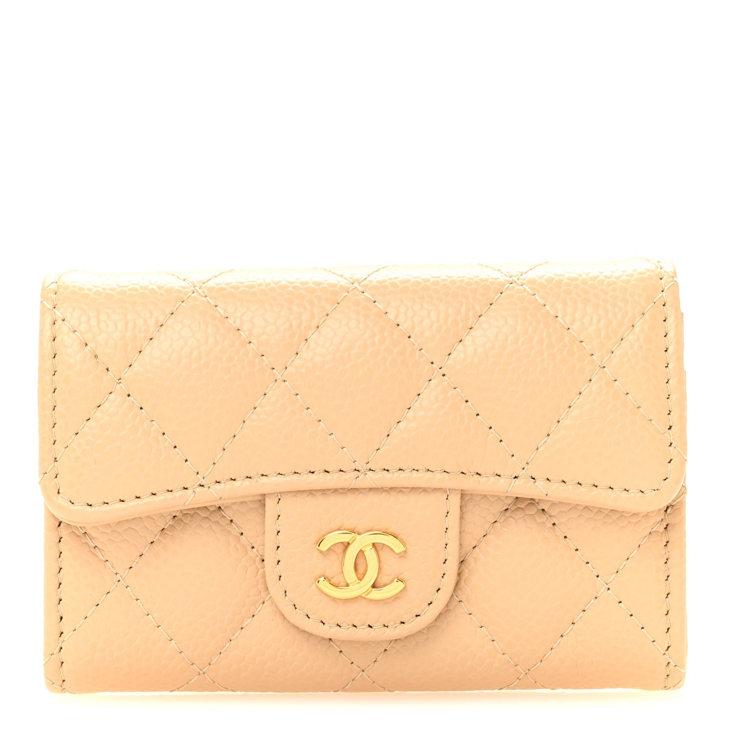 Caviar Quilted Flap Card Holder Wallet Beige