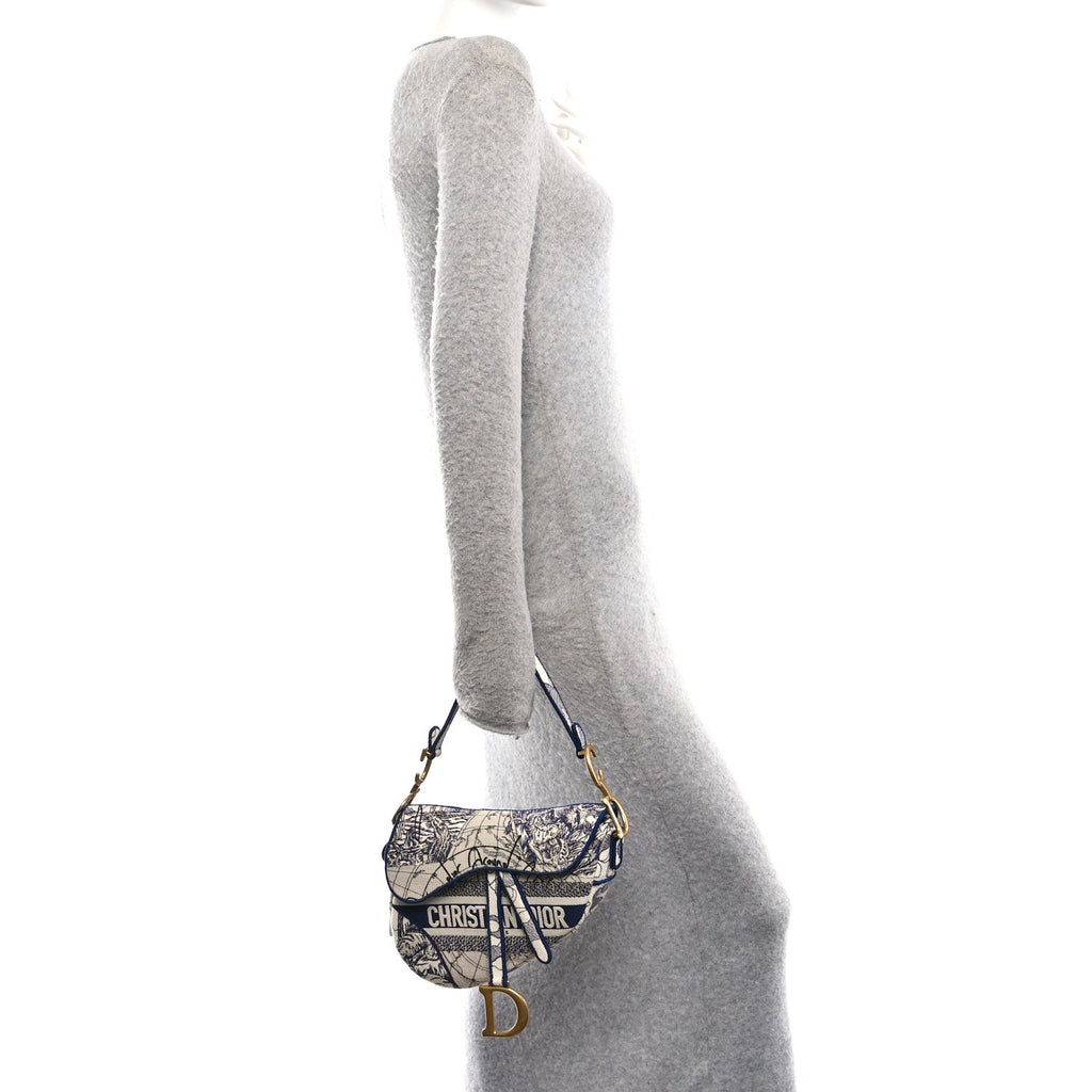 Canvas Embroidered Around the World Saddle Bag Blue