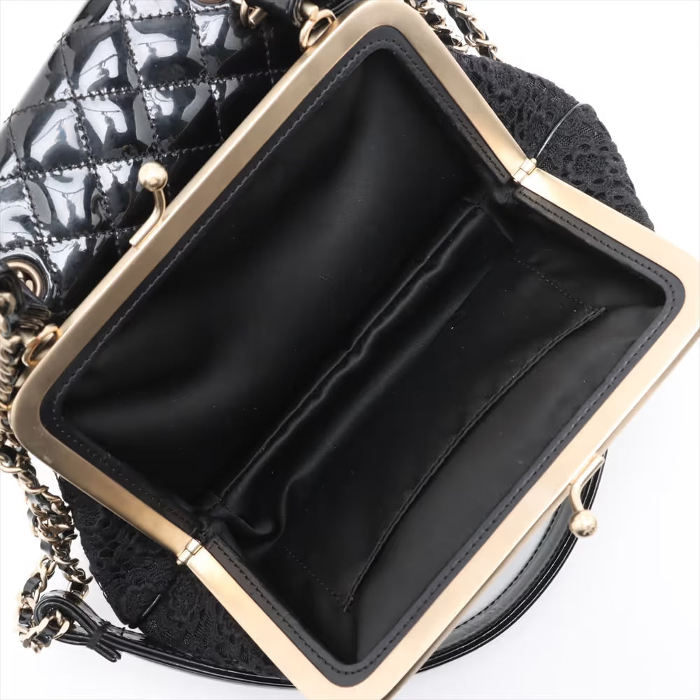 Chanel CC Logo Matelasse Patent Leather Cotton Chain Gamaguchi Shoulder Bag Black