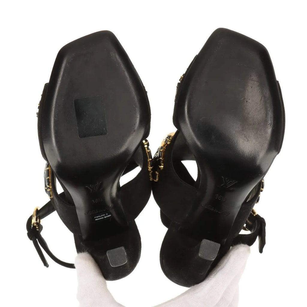Louis Vuitton Cut Out Crsytal Suede Sandal Black