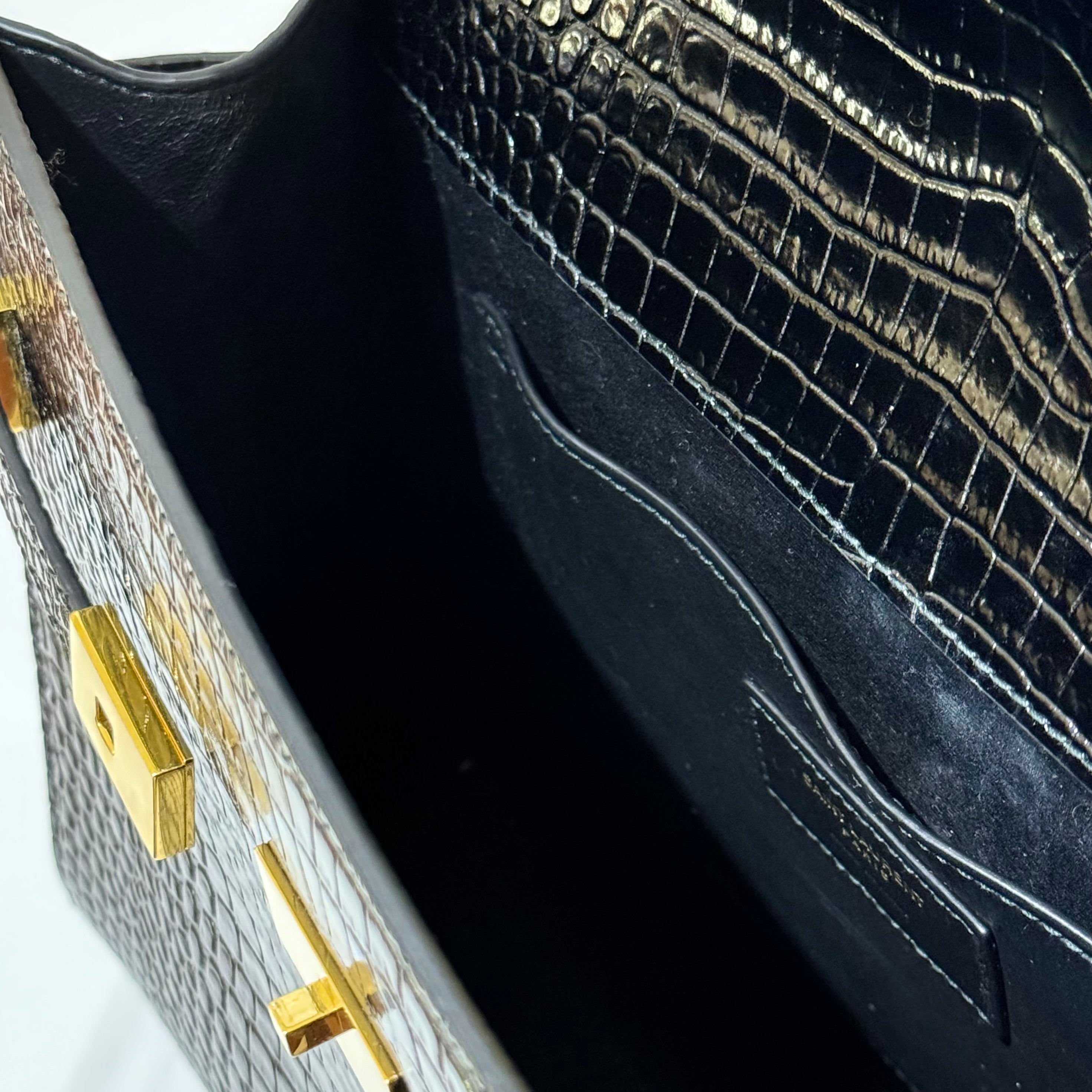 SAINT LAURENT MANHATTAN IN CROCODILE-EMBOSSED SHINY LEATHER BAG