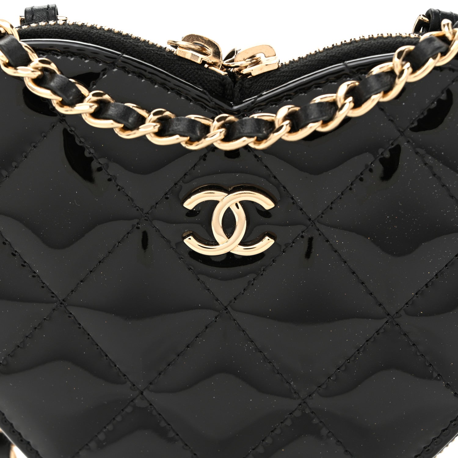 Patent Calfskin Resin Quilted CC Heart Clutch With Chain Black