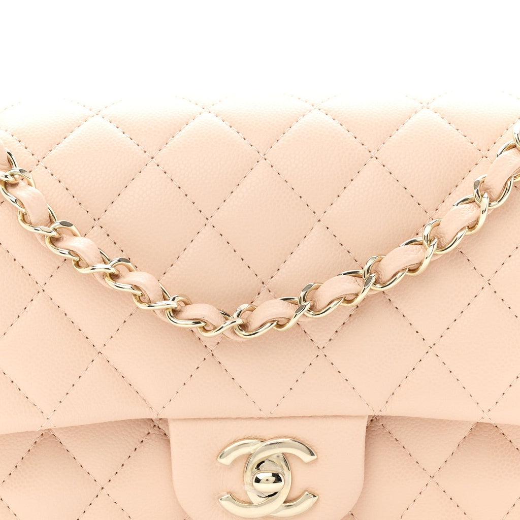 Caviar Quilted Medium Double Flap Beige