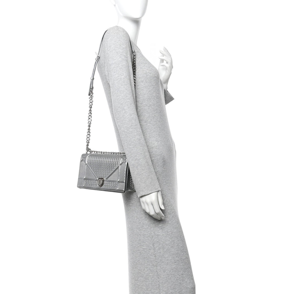 Metallic Patent Micro-Cannage Small Diorama Flap Bag Silver