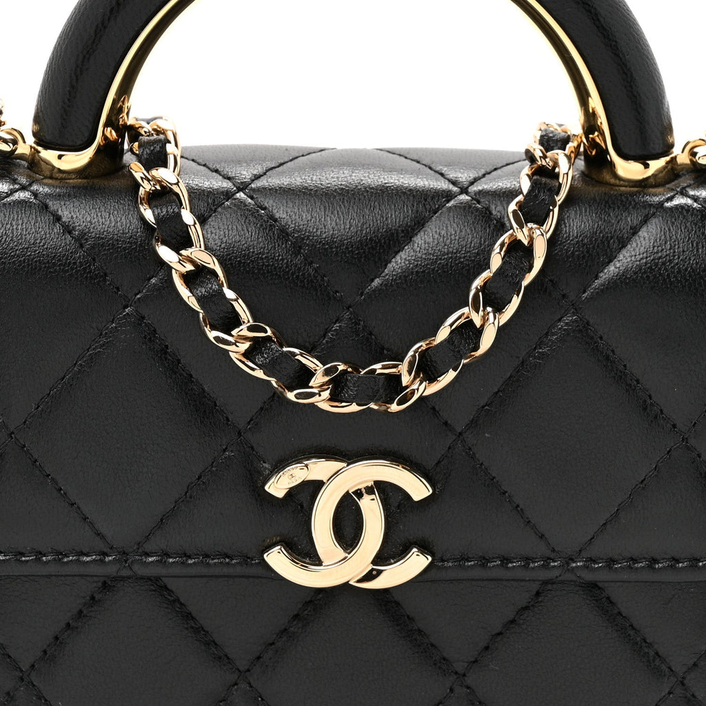 Lambskin Metal Quilted Top Handle Flap Clutch With Chain Black