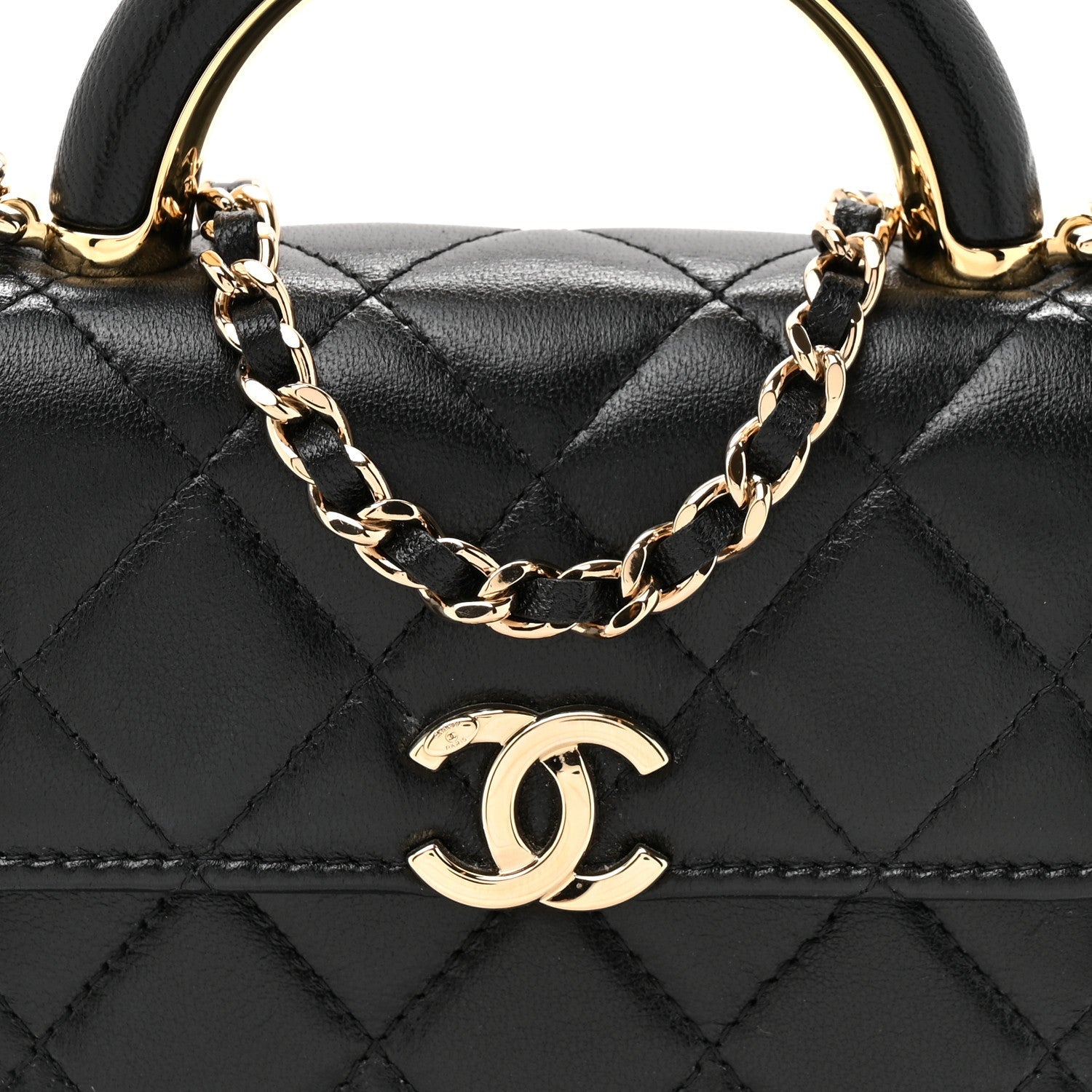 Lambskin Metal Quilted Top Handle Flap Clutch With Chain Black