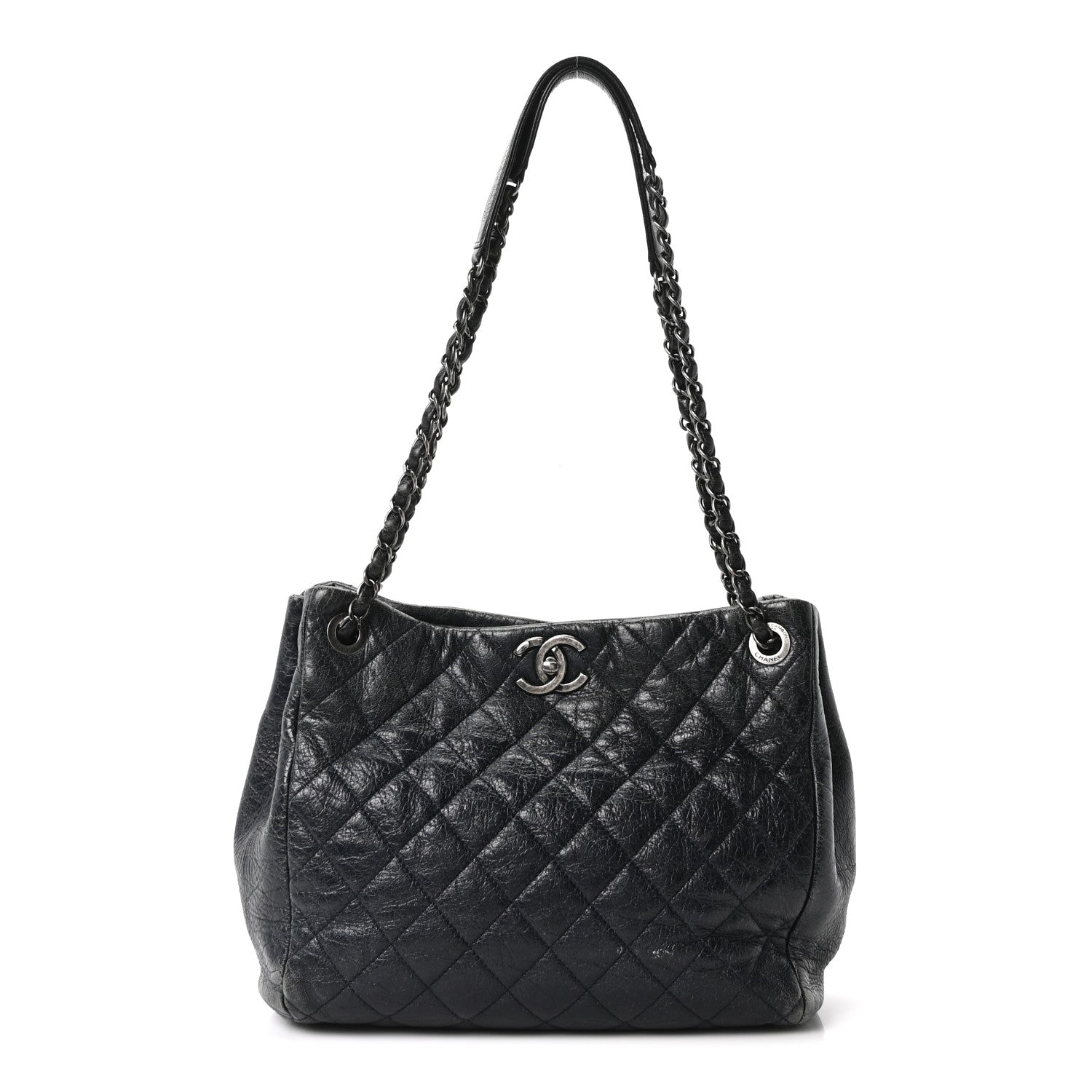 Glazed Calfskin Quilted Tote Navy