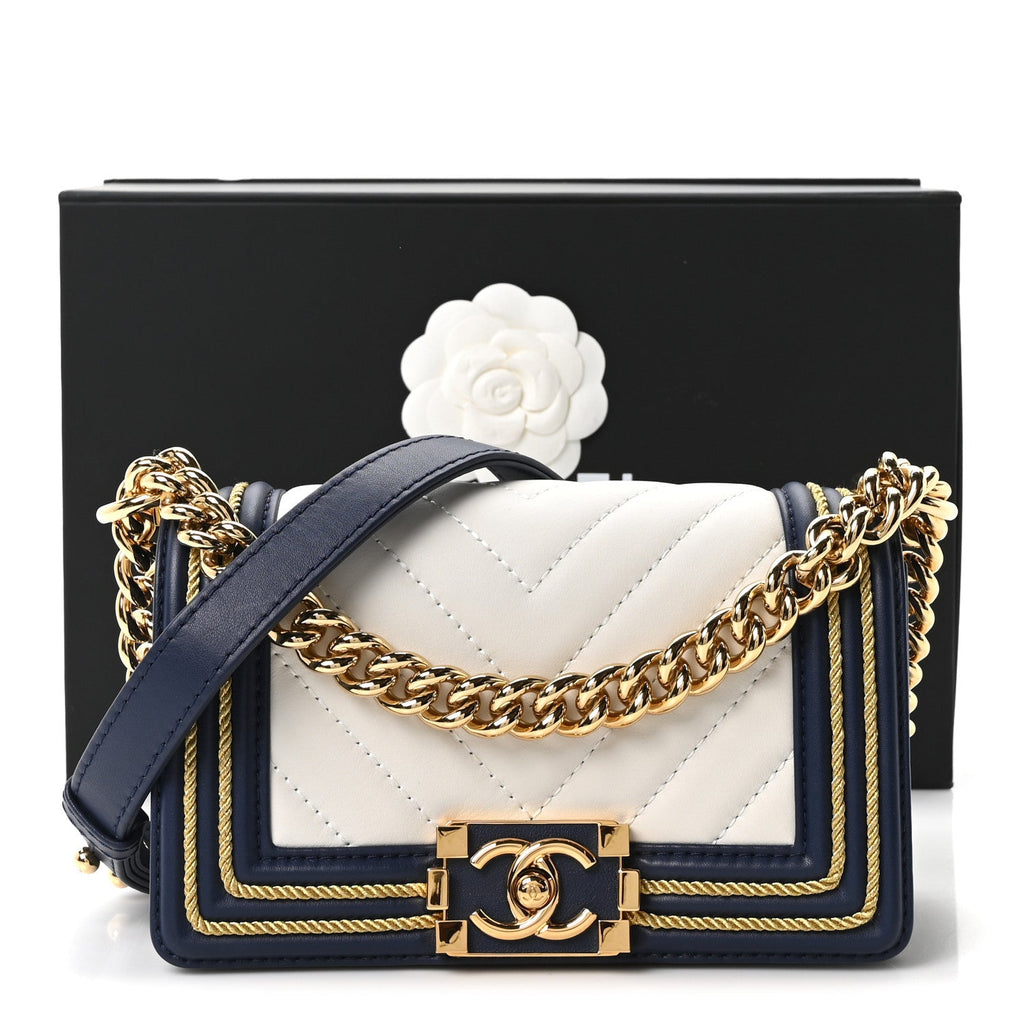 Calfskin Chevron Quilted Braided Small Boy Flap White Navy