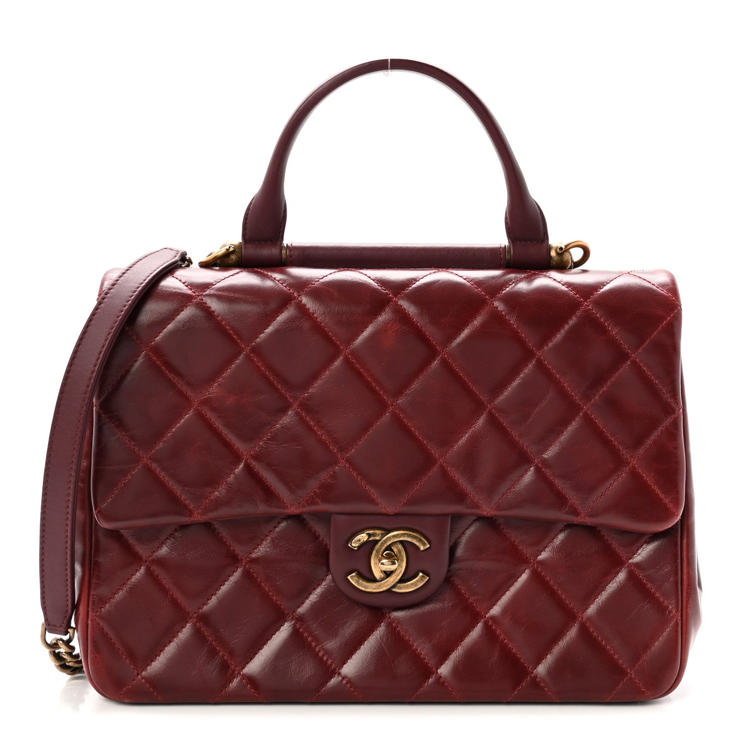 Glazed Calfskin Quilted Large Gold Bar Top Handle Flap Burgundy
