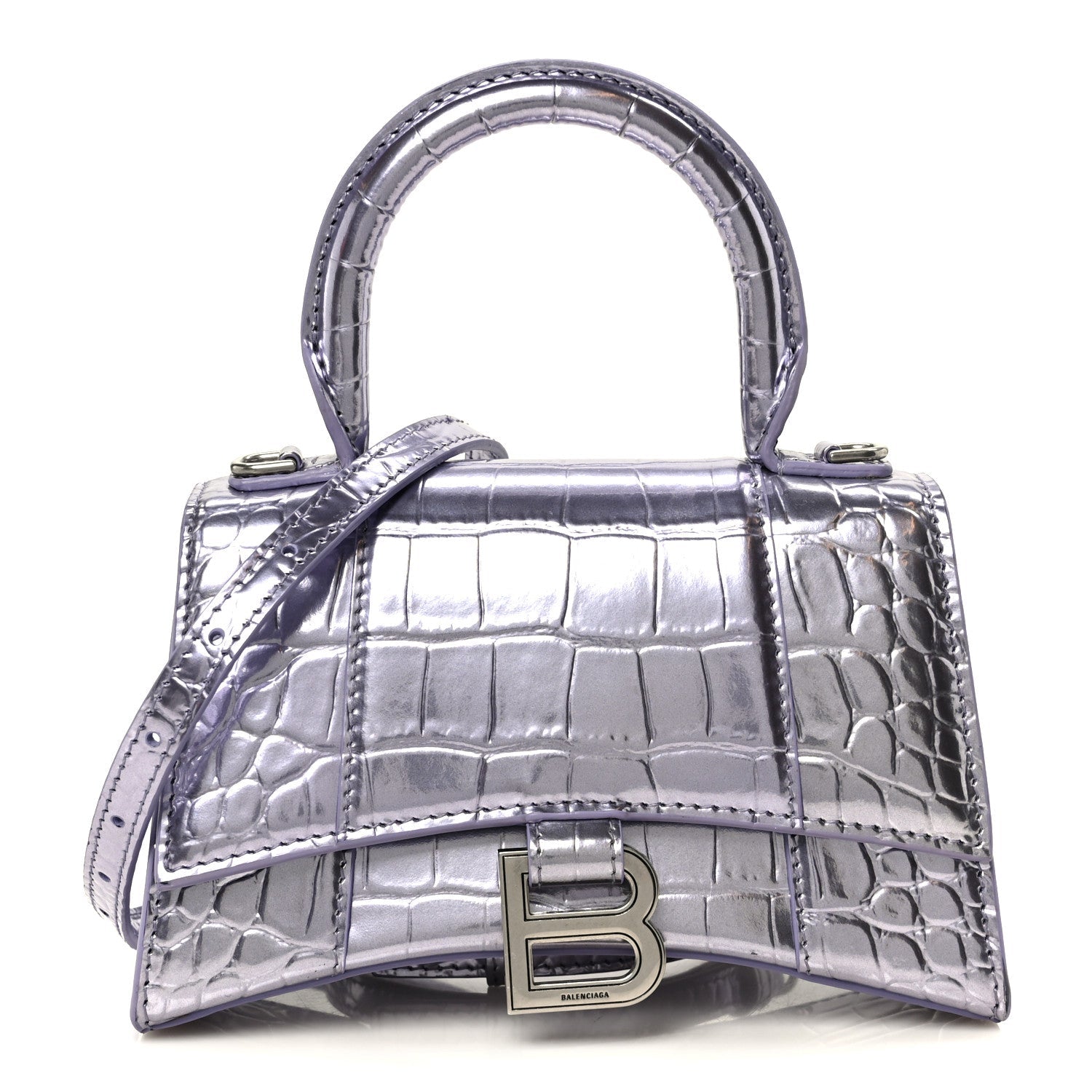 Metallic Calfskin Crocodile Embossed Hourglass Top Handle Bag XS Lilac