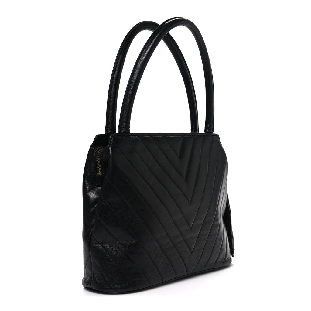 Lambskin Chevron Quilted Top Handle Tote Bag Black