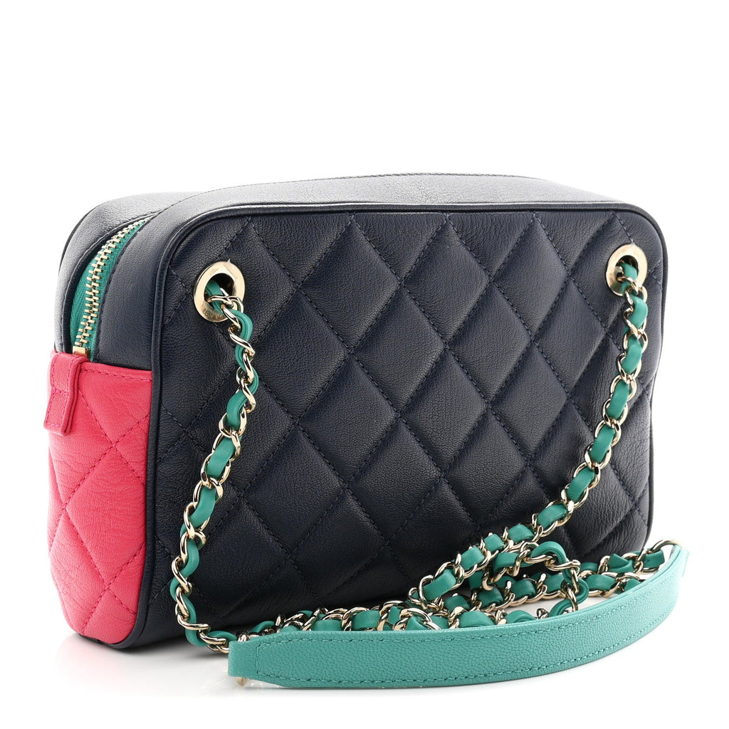 Goatskin Quilted Tri-Color Small In & Out Camera Case Navy Turquoise Pink