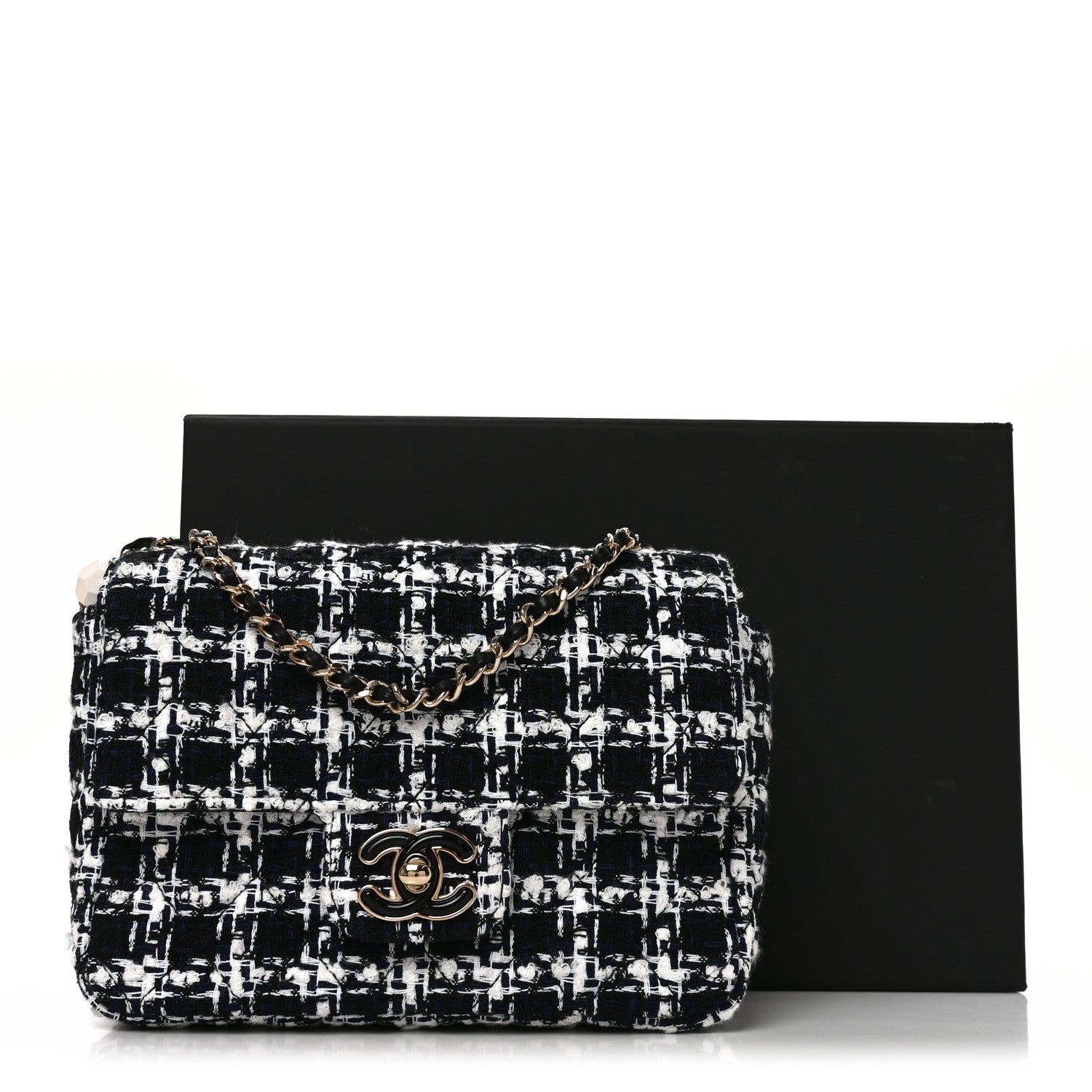 Tweed Resin Quilted Mini Heart Square Flap Navy White Black