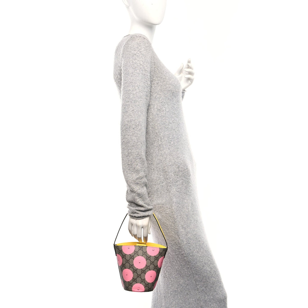 GG Supreme Monogram Childrens Printed Smile Bucket Bag Beige Dark Brown Yellow Pink