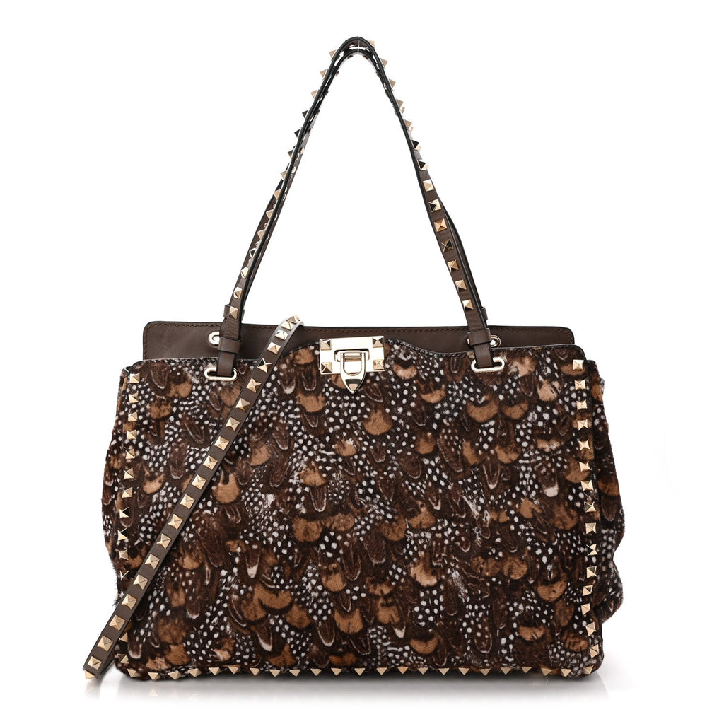 Calf Hair Feather Medium Rockstud Tote Brown
