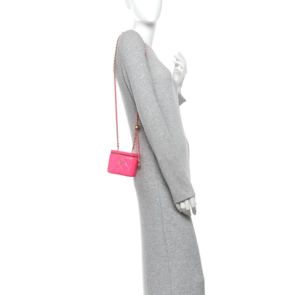 Patent Quilted Pearl Crush Mini Vanity Case With Chain Neon Pink