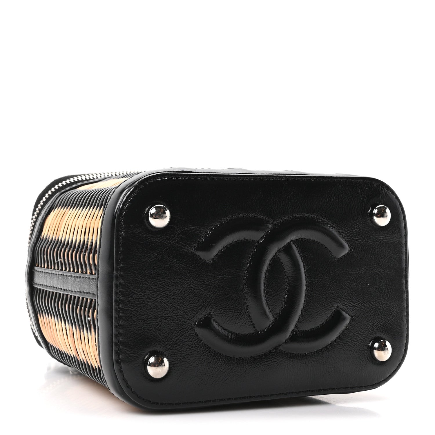 Calfskin Raffia Small Vanity Case Bag Black Beige