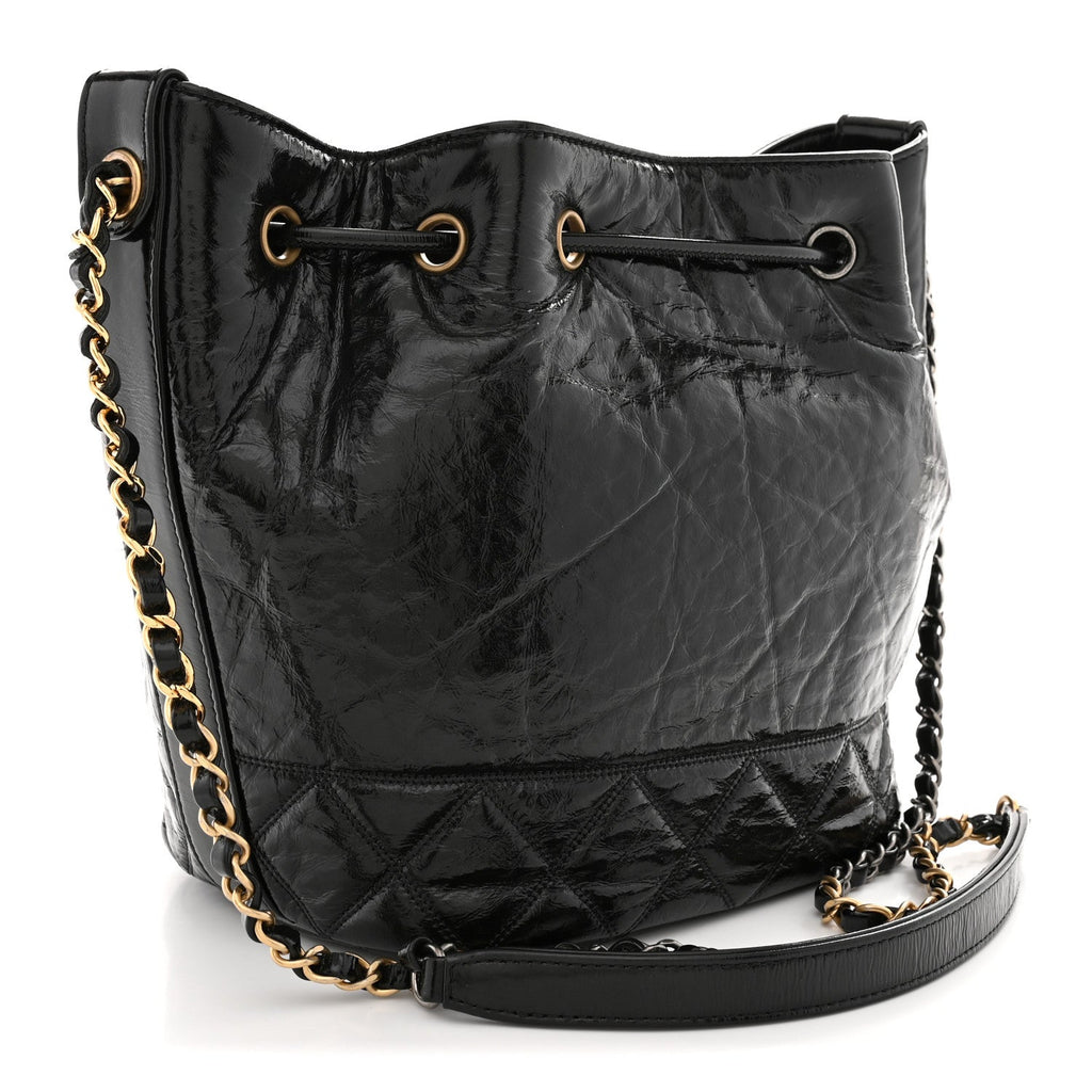Shiny Aged Calfskin CC Chain Drawstring Bag Black