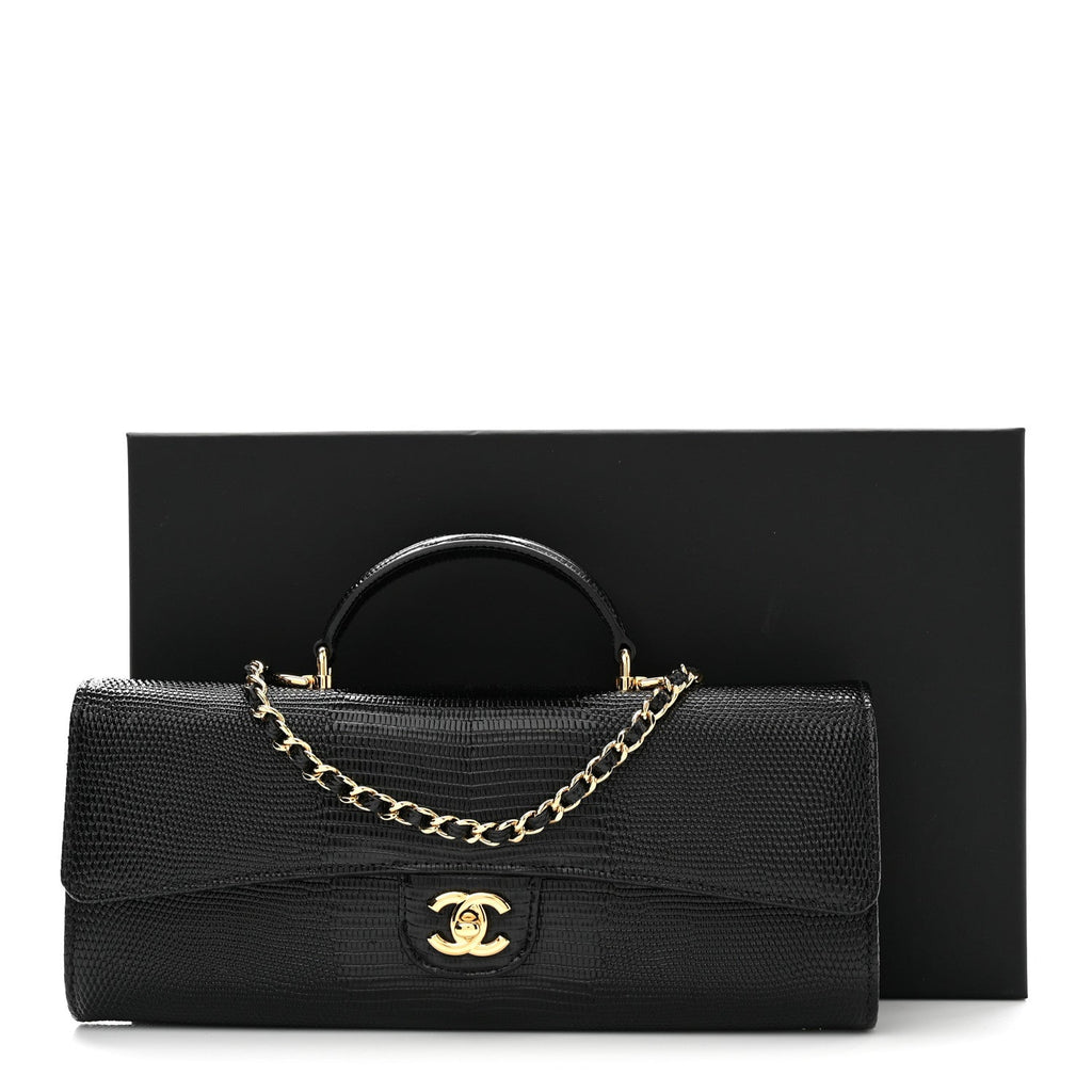 Calfskin Lizard Embossed Top Handle Clutch With Chain Black