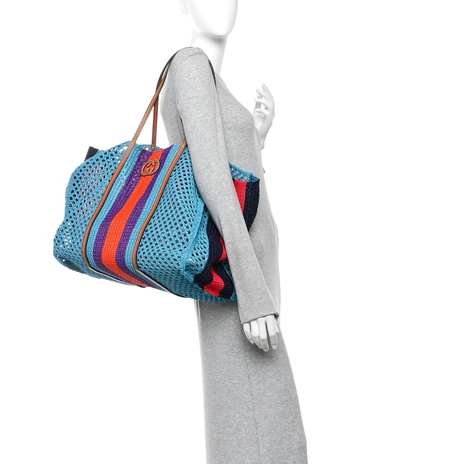 Raffia Web Woven Interlocking G Tote Blue Multicolor