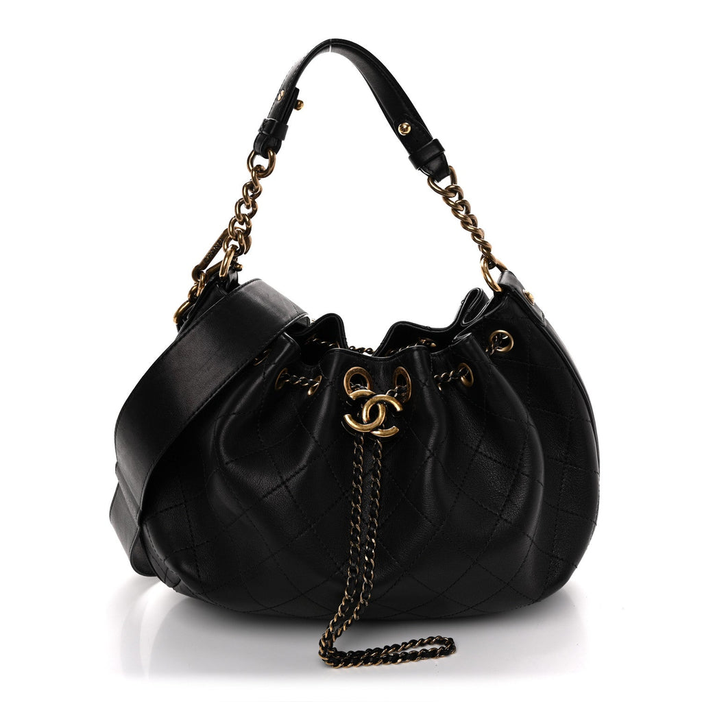 Calfskin Stitched Small Paris Rome Drawstring CC Bag Black