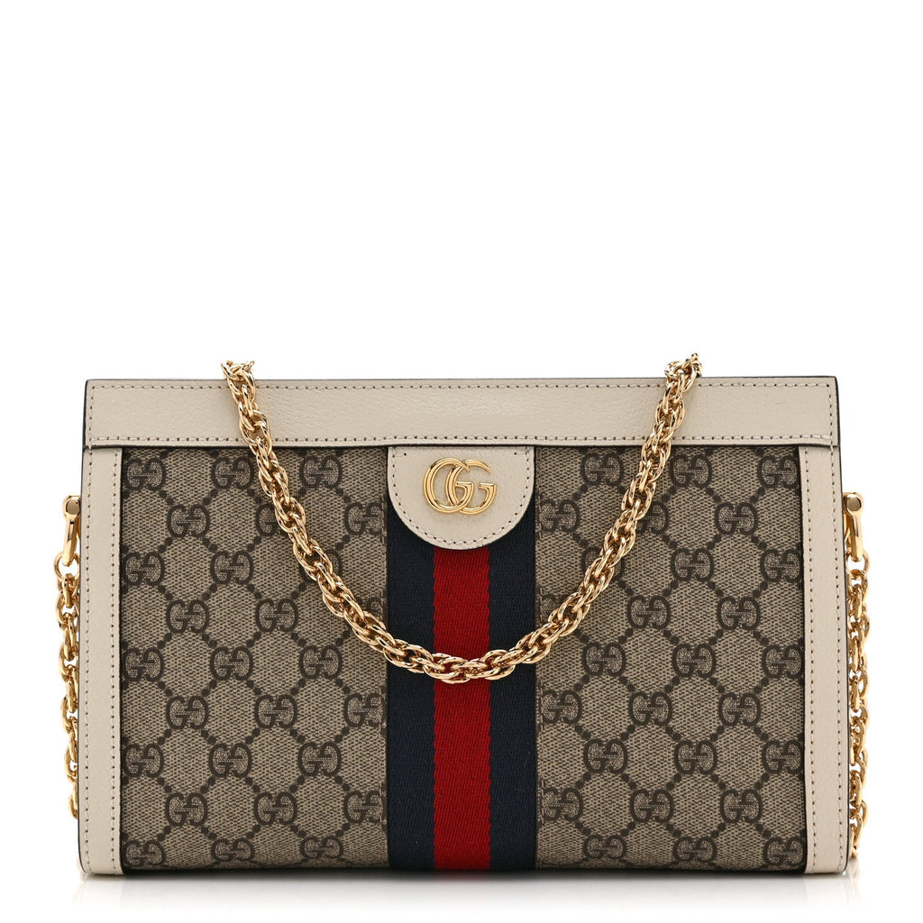 GG Supreme Monogram Textured Calfskin Web Small Ophidia Chain Shoulder Bag Beige Ebony Mystic White