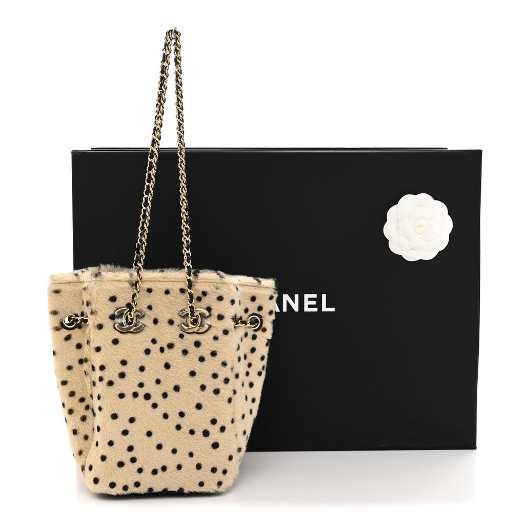 Pony Hair Cheetah Printed CC Chain Bucket Bag Light Beige Black