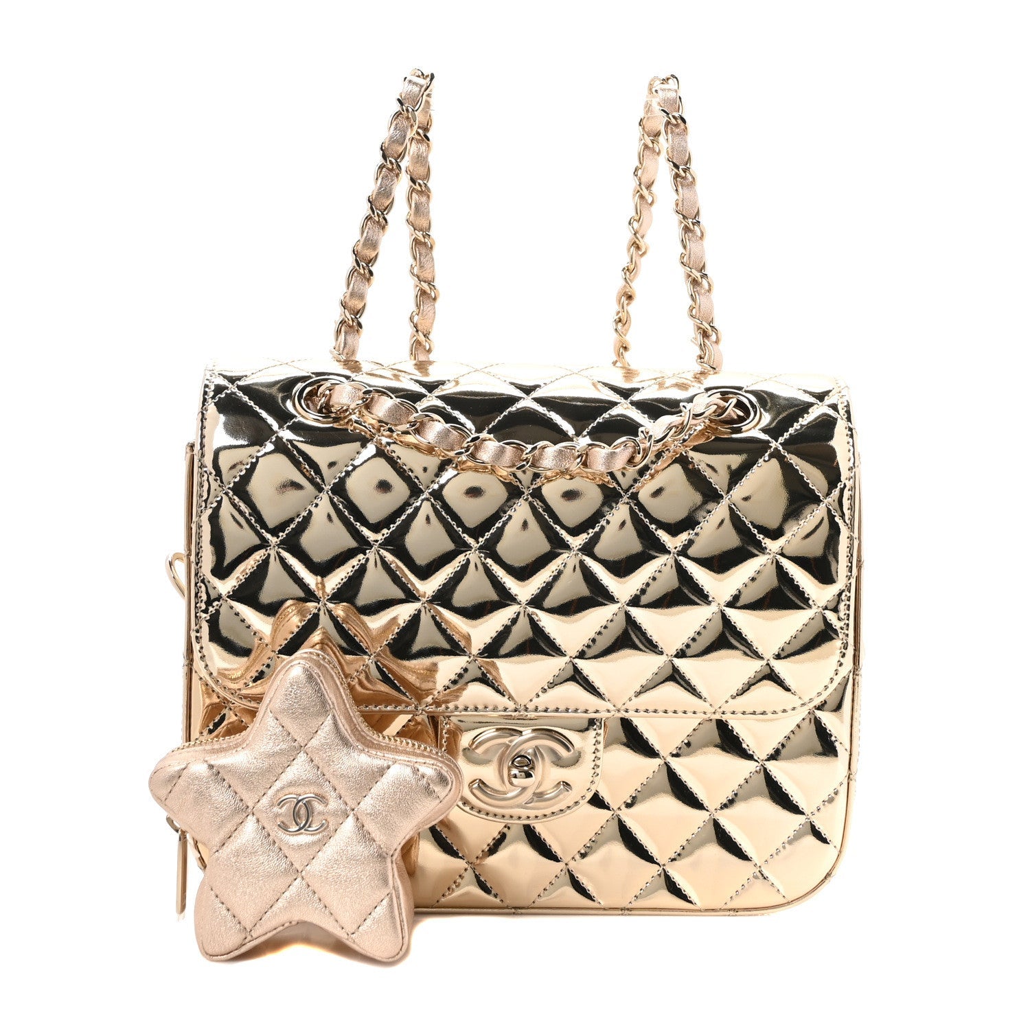 Mirror Calfskin Metallic Calfskin Quilted Hollywood Boulevard Backpack With Coin Purse Gold
