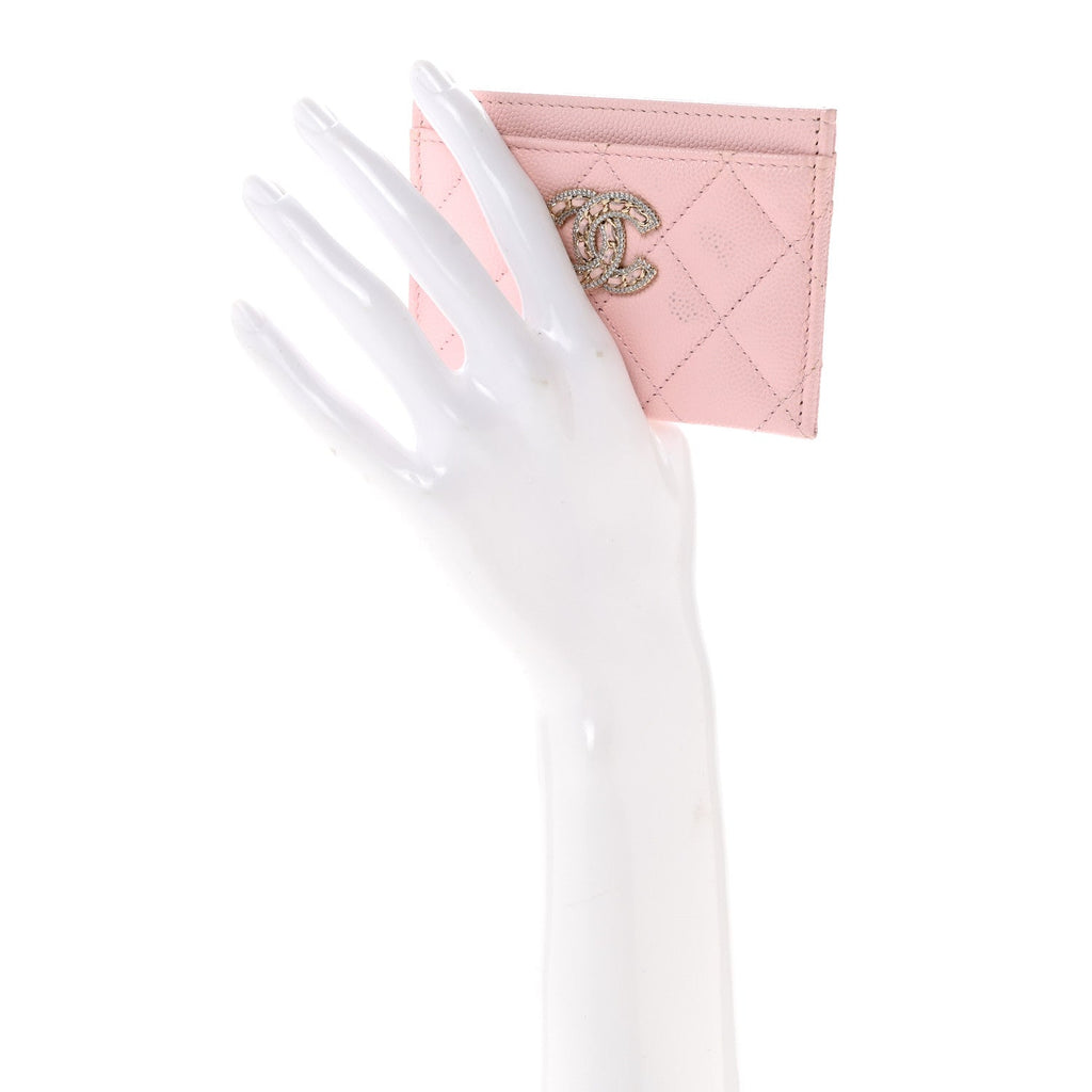 Caviar Quilted Crystal Card Holder Pink