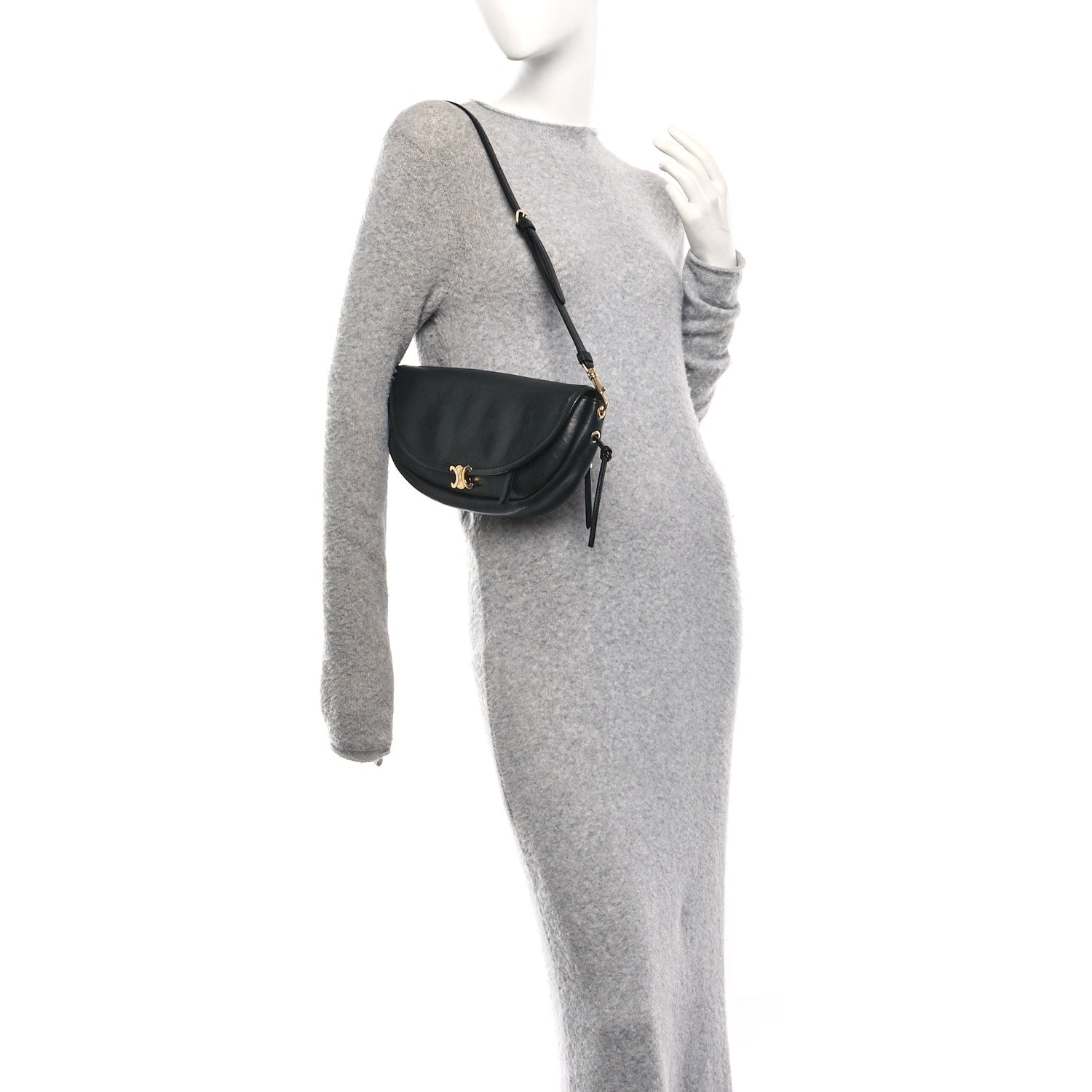 Shiny Lambskin Soft Triomphe Little Half Moon Bag Black