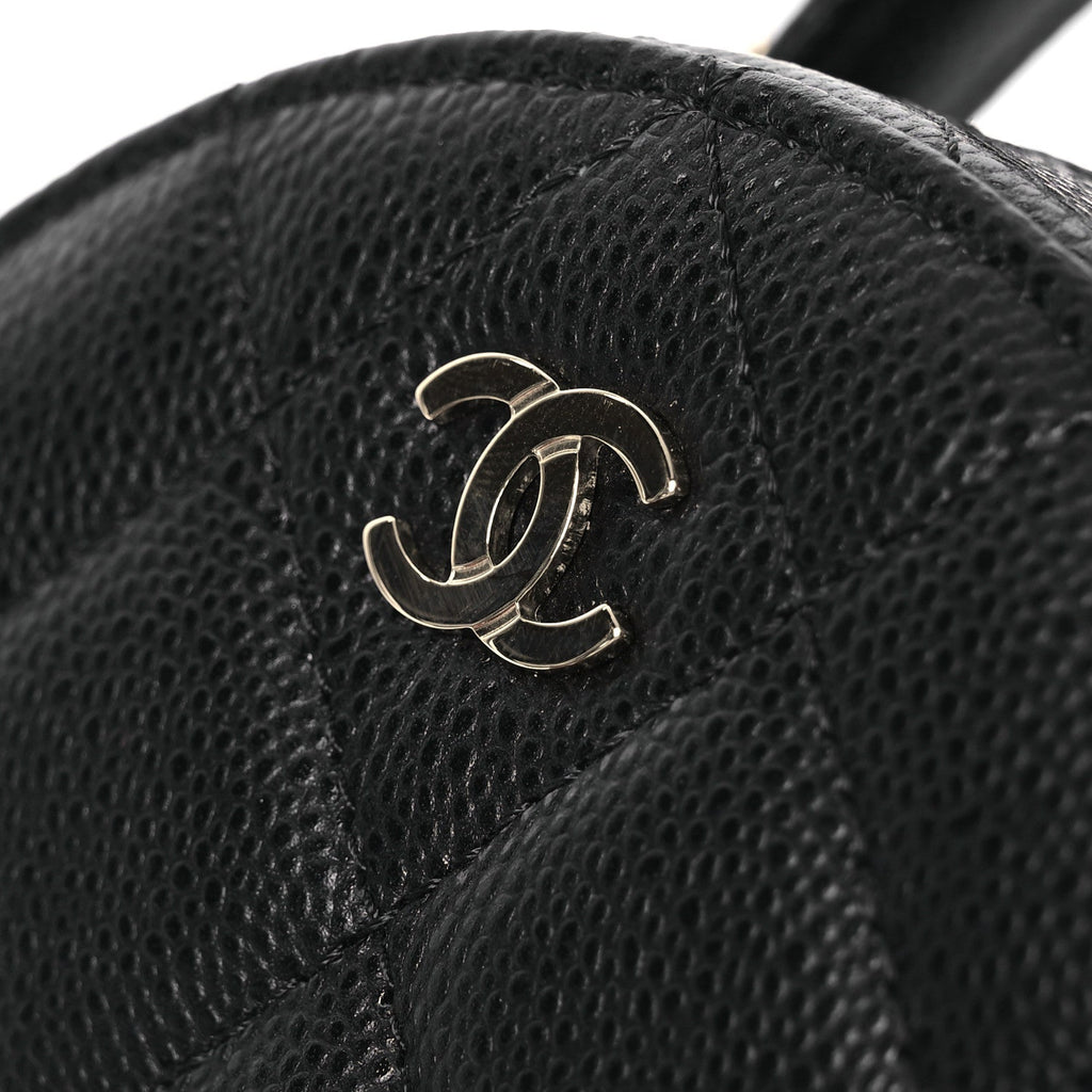 Caviar Quilted Round Top Handle Jewelry Case With Chain Black