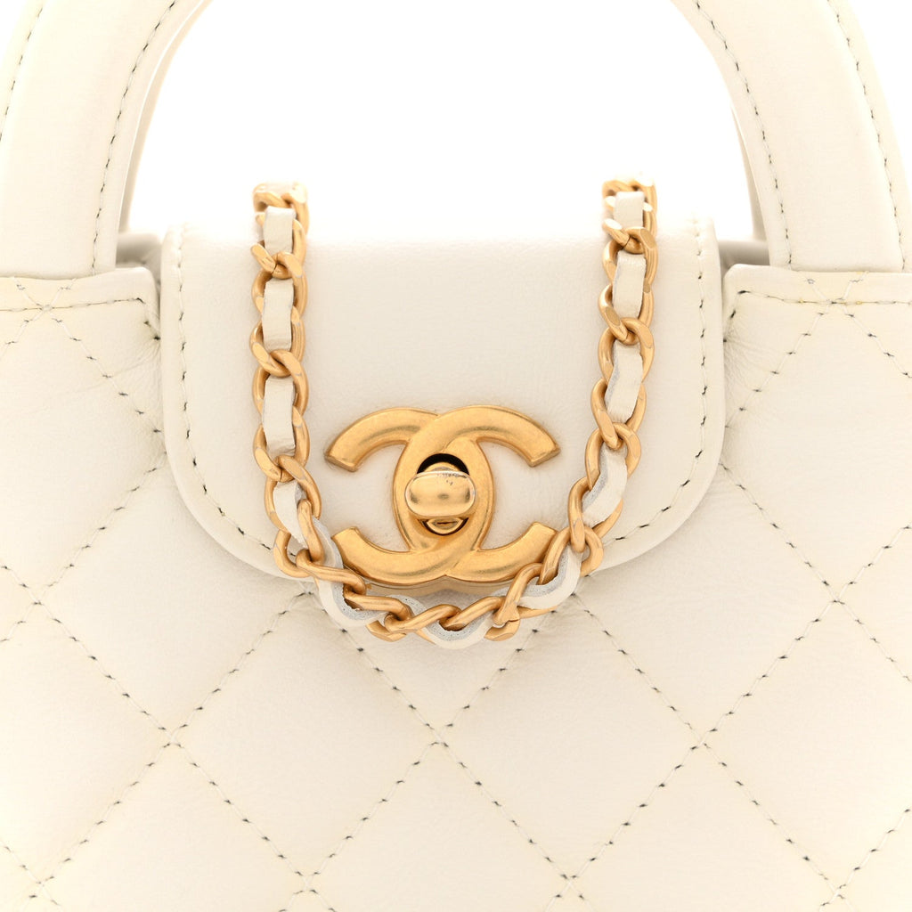 Shiny Aged Calfskin Quilted Mini Nano Kelly Shopper Beige White