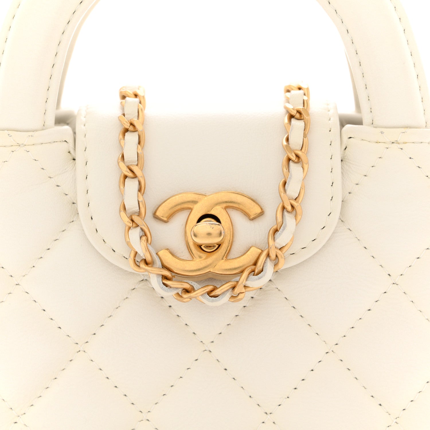 Shiny Aged Calfskin Quilted Mini Nano Kelly Shopper Beige White