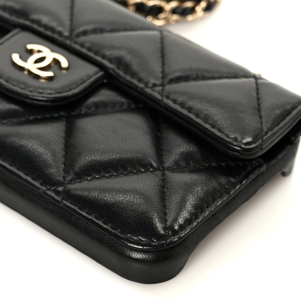 Lambskin Quilted Pearl Crush iPhone XII Pro Holder With Chain Black