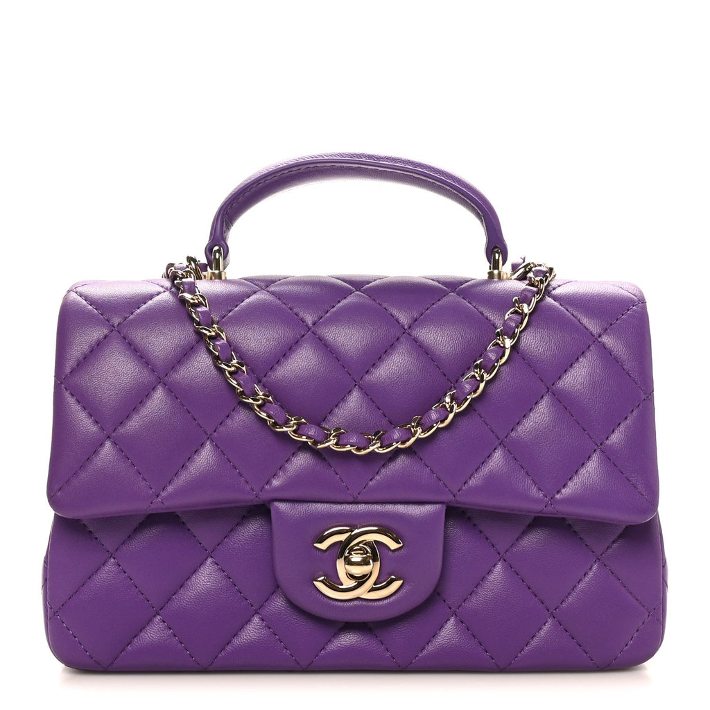 Lambskin Quilted Mini Top Handle Rectangular Flap Dark Purple