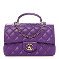 Lambskin Quilted Mini Top Handle Rectangular Flap Dark Purple