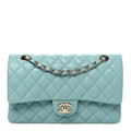Caviar Quilted Medium Double Flap Light Blue