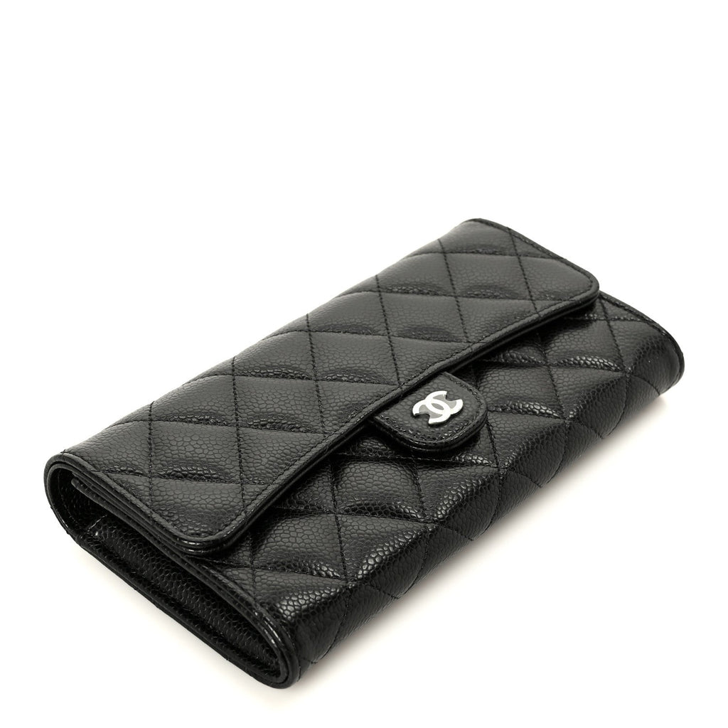 Caviar Quilted Large Gusset Flap Wallet Black