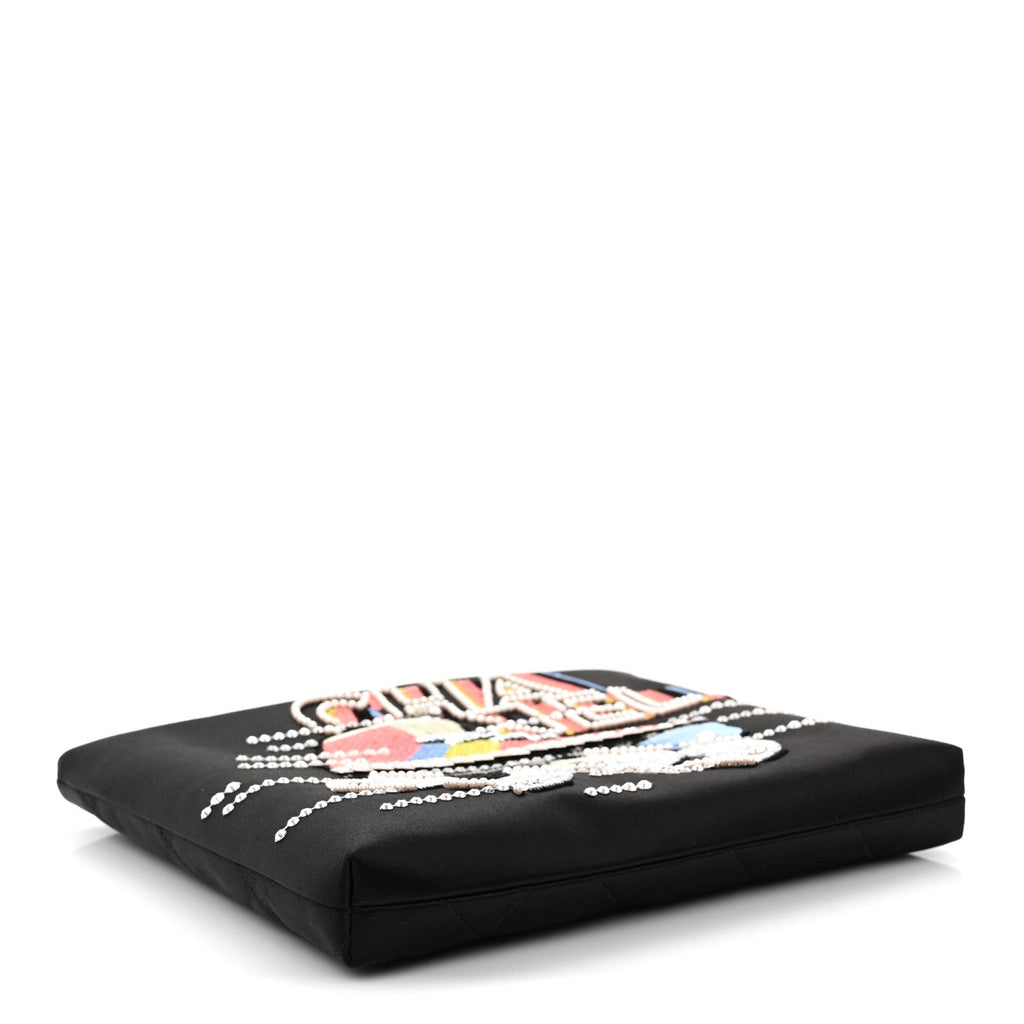 Satin Sequin Pearl Crystal Roller Skate Quilted Clutch With Chain Black Multicolor