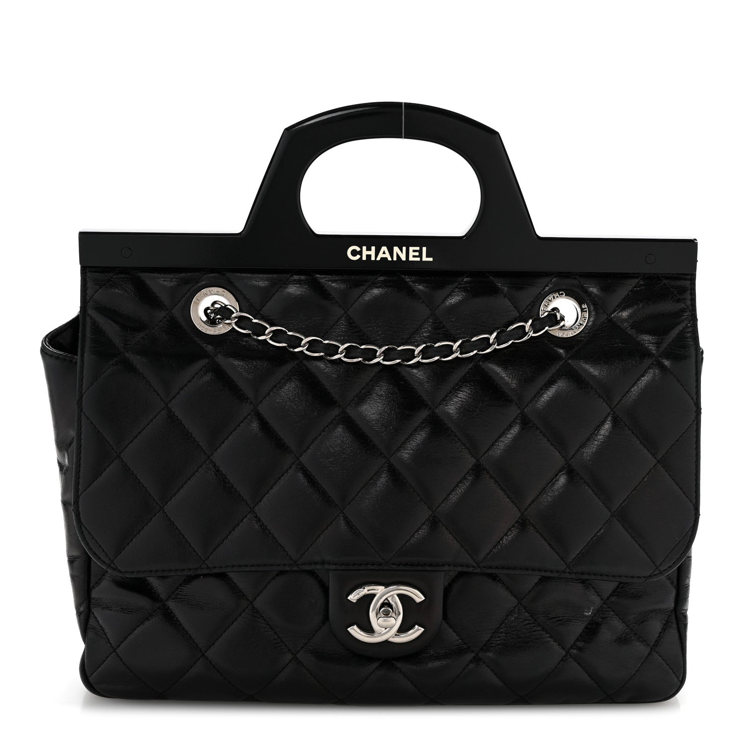 Glazed Calfskin Quilted Small CC Delivery Tote Black