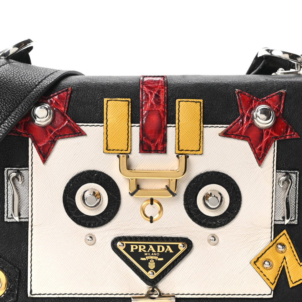 Grained Calfskin Saffiano Robot Shoulder Bag Black White