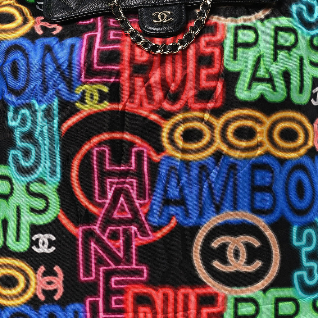 Caviar Fabric Graffiti Foldable Tote Bag With Chain Black Multicolor