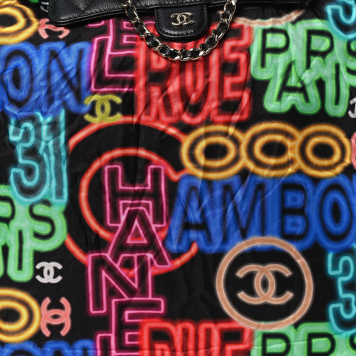 Caviar Fabric Graffiti Foldable Tote Bag With Chain Black Multicolor