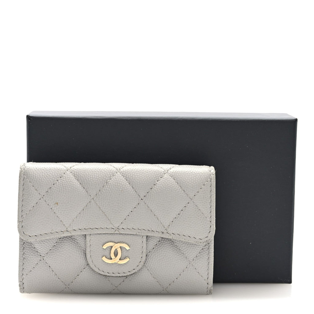 Caviar Quilted Flap Card Holder Wallet Grey