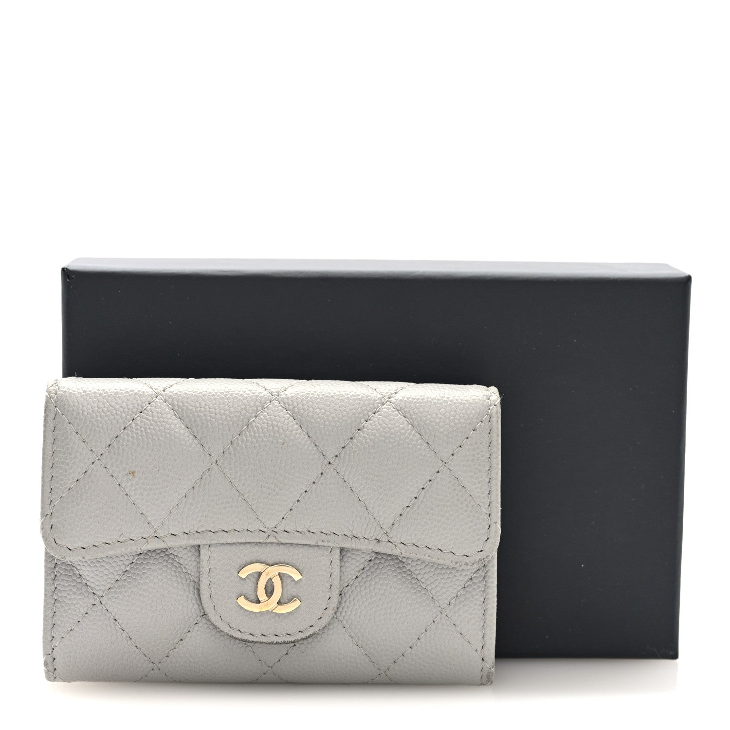 Caviar Quilted Flap Card Holder Wallet Grey