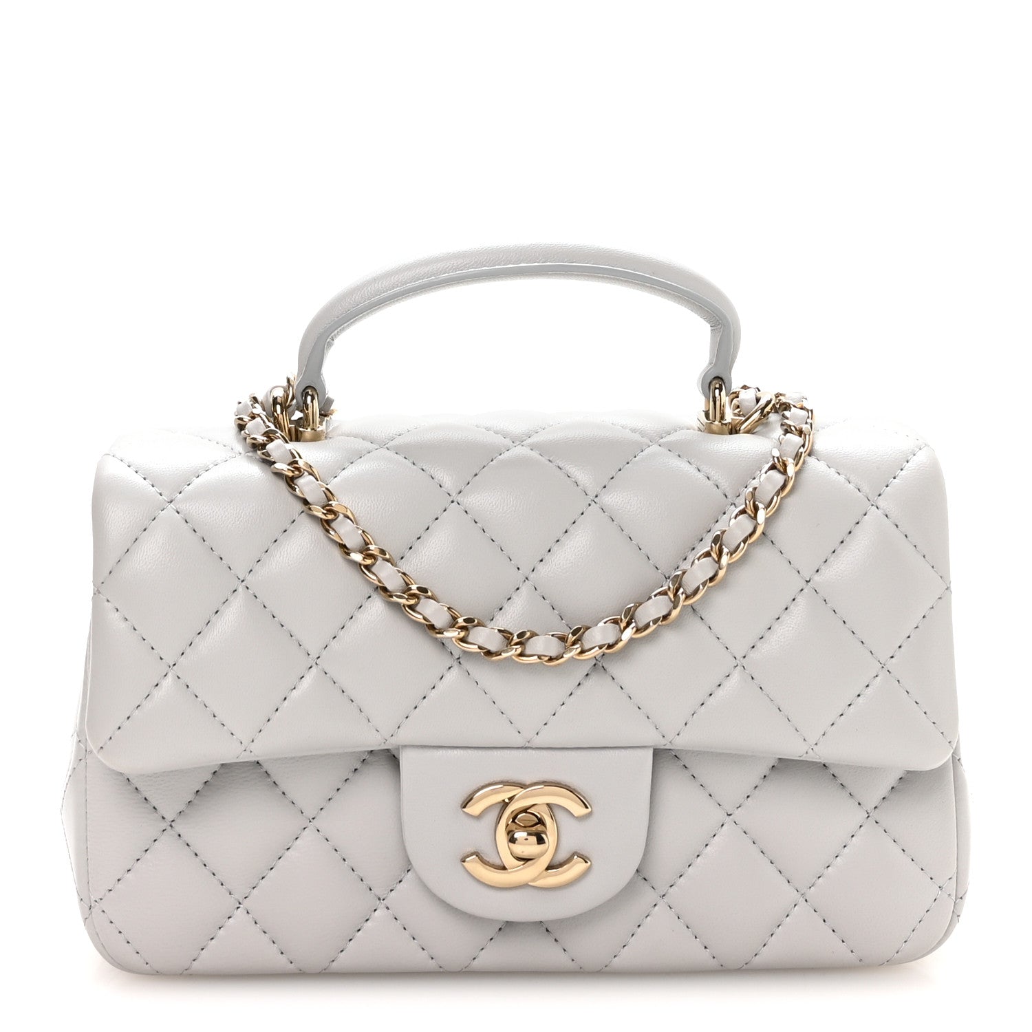 Lambskin Quilted Mini Top Handle Rectangular Flap Grey