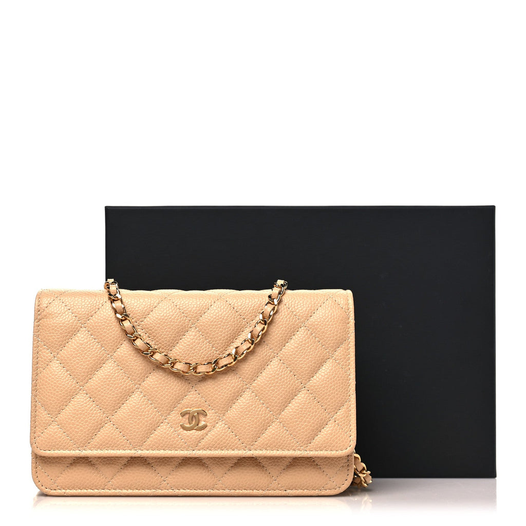 Caviar Quilted Wallet on Chain WOC Beige