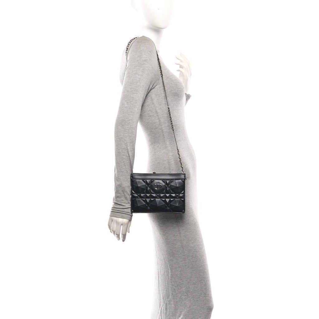 Calfskin Macrocannage Diamond Caro Zipped Pouch With Chain Black